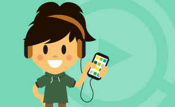 Illustration eines lächelnden LOLYO Mädchens mit blonden Haaren, das Kopfhörer trägt und ein Smartphone in der Hand hält. Im Hintergrund sind grüne Farbtöne und ein stilisiertes Play-Symbol zu sehen.